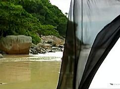 whoa this adorable brunette on beach takes big cock anal bent over then rides cowgirl 😍🍑🌊