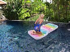 skinny blonde amateur rides big cock poolside in lingerie after oral