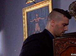 bound slave chokes on cock before corset anal pounding