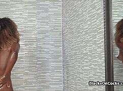 Lubed ebony teen newbie gives sloppy blowjob before big black cock pounds her on private casting