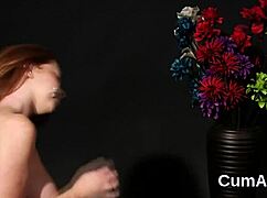 Frisky model kneels for extreme blowbang bukkake facial swaps gulps cumshots POV style