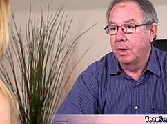 CUTE BLONDE REBECCA BEGS OLD NASTY TEACHER FOR DIRTY MATH LESSON