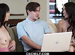 stepsisters ashley and emma call it guy for laptop fix but end up freeuse fucked hard