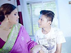 Desi indian stepmom's massive boobs jiggle teaching stepson dirty fuck lessons with hindi audio.