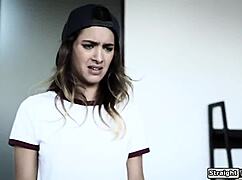 Stepbrother pounds shaved pussy of his taboo lesbian stepsister with monster cock