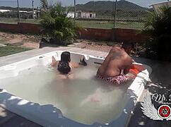 public jacuzzi blowjob doggy bareback with lover outdoors