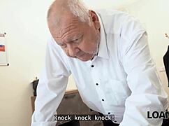 mina k's natural tits and shaved pussy tease hard in the office for that big loan seduction