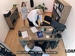 mina k's natural tits and shaved pussy tease hard in the office for that big loan seduction