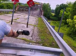 busty exhibitionist milf flashes tits then bends over abandoned bridge for public doggystyle cumshot pounding