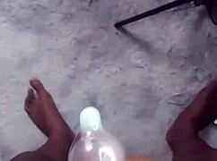 Labeto pumps cumshot into condom on sex machine