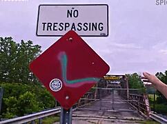 busty exhibitionist milf flashes tits then bends over abandoned bridge for public doggystyle cumshot pounding