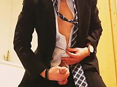Overwhelming urges surge through solo masturbation in sleek business suit