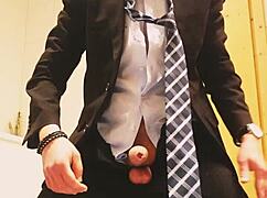 Overwhelming urges surge through solo masturbation in sleek business suit