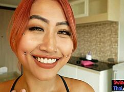 Big ass Thai amateur cutie slurps cock then rides hard