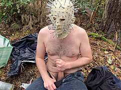 Chubby euro babe goes full naked in forest for dildo ass play in diaper