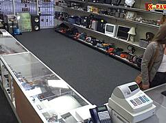 Glasses girl boned hard at pawnshop, spying now?!