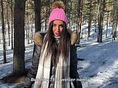 i'm fucking this skinny teen in snowy forest creampie dripping wet pussy outdoors