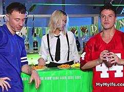 Barmaids' holes freeused hard by two guests in wild threeway action!