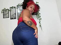 Curvy ebony BBW farts dirty in tight blue jeans domination tease