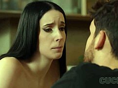Old husband watches as busty wife rides young stud sideways on the sofa, her shaved pussy gripping tight