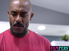 Ebony teen Brianna Moore throats stepdad's big black cock deep on Valentine's