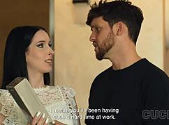 Old husband watches as busty wife rides young stud sideways on the sofa, her shaved pussy gripping tight