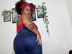 Curvy ebony BBW farts dirty in tight blue jeans domination tease