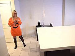 Monster black cock plows blonde slut's fat ass on Halloween night!