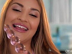 Blonde Latina Hawaiian Sucks Glass Dildo Strips Lingerie Masturbates Heels
