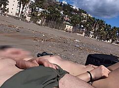 topless girl stares at my flashed cock beach?