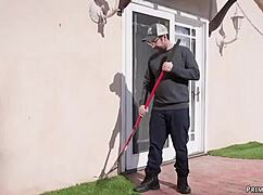 hey the gardener ties up stepmom and teen for some outdoor fun