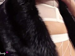 Hot brunette in fur coat fishnets pantyhose fingers swollen pussy with vibrator to orgasm