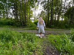 imagine a cute blonde's small waist and tits bouncing in fishnets during risky outdoor sex with monster cock
