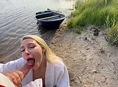 imagine a cute blonde's small waist and tits bouncing in fishnets during risky outdoor sex with monster cock