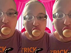 asmr glasses girl pops bubblegum bubbles close in headphones