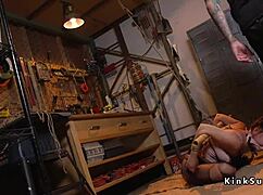 perky tits slave chokes on deepthroat while bound in torn pantyhose and whipped