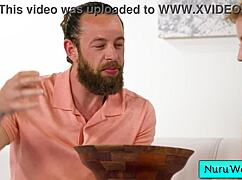 Sonia rubs natural tits on Brad's back