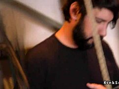 perky tits slave chokes on deepthroat while bound in torn pantyhose and whipped