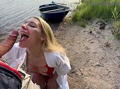 imagine a cute blonde's small waist and tits bouncing in fishnets during risky outdoor sex with monster cock