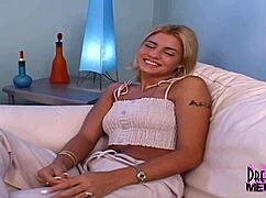 blonde blue eyed tanned marcelis smokes on sofa nude casting interview shaved pussy