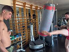 Trio in gym turns impossible with massive ass bent over for double penetration and choking.