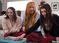lauren phillips guides teen neighbor maya woulfe and girlfriend lily larimar through first lesbian pussy lick and fingering
