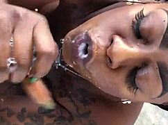 Thick Tatted Ebony Slut Slurps Massive BBC Outdoor Frenzy!