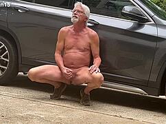 nakedman15 strokes cock outdoors flashing public orgasm rush
