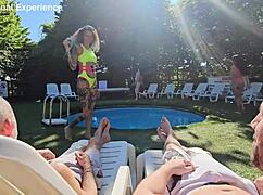 Swingers dive into bisexual orgy with poolside fucking, riding, and squirting