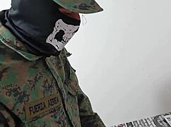venezuelan seller rides soldier's cock cowgirl style at work for benefits