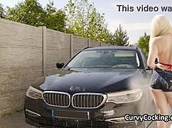 Girlfriend's big tits get titty fucked in the car after deepthroat. Blonde teen cleaning lady handles hardcore monster cock pounding.