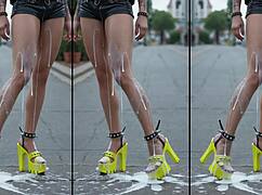 Watch cum drip from high heels on legs and feet outdoors in public!