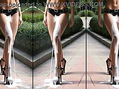 Watch cum drip from high heels on legs and feet outdoors in public!