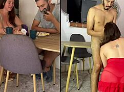 mature milf and young stud breakfast pussy feast at table